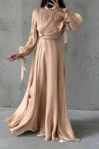 Flowing Fabric Hijab Evening Dress Cream with Sleeve Tie Detail