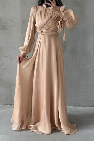 Flowing Fabric Hijab Evening Dress Cream with Sleeve Tie Detail