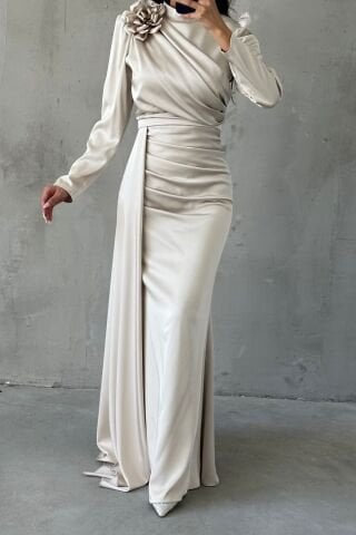 Draped Satin Hijab Evening Dress with Flower Detail on the Shoulder