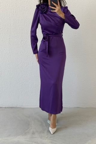 Gül Broş Detaylı Saten Tesettür Abiye Mor