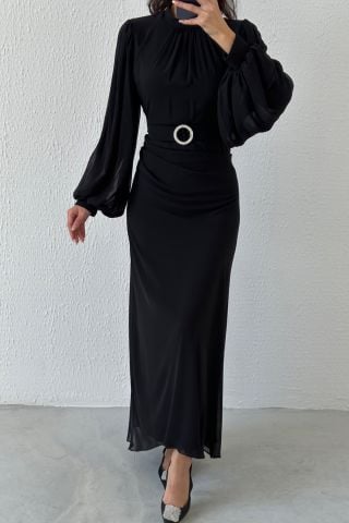 Şık Tasarım Siyah Kemerli Şifon Tesettür Abiye Elbise
