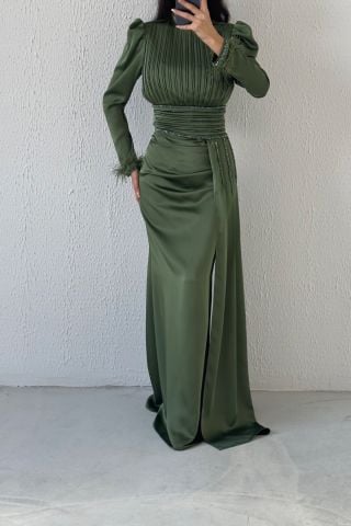 Üstü Ve Kuşağı Pliseli Saten Tesettür Abiye Haki