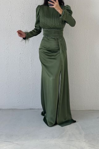 Üstü Ve Kuşağı Pliseli Saten Tesettür Abiye Haki