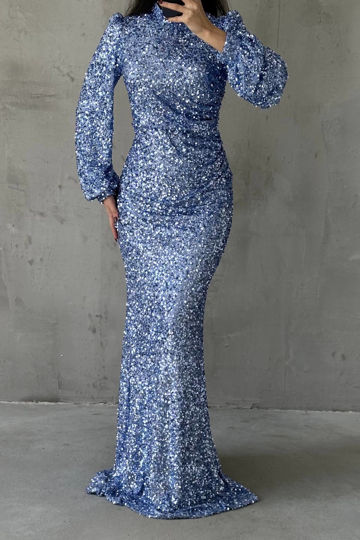 Boydan Payet Detaylı Işıltılı Tesettür Abiye İndigo