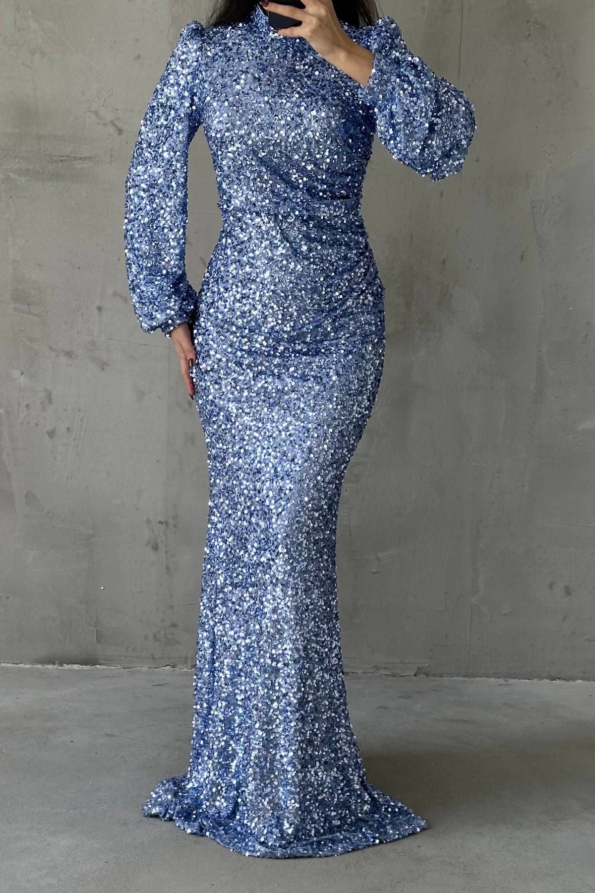 Sparkling Hijab Evening Dress with Sequin Detail Throughout Indigo