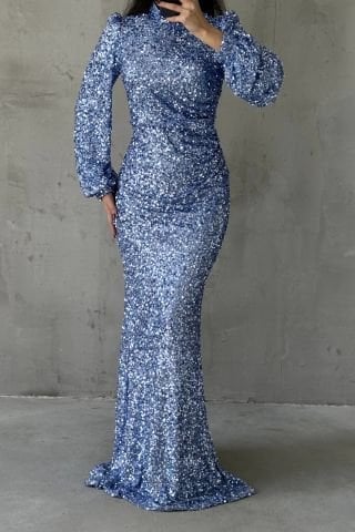 Boydan Payet Detaylı Işıltılı Tesettür Abiye İndigo