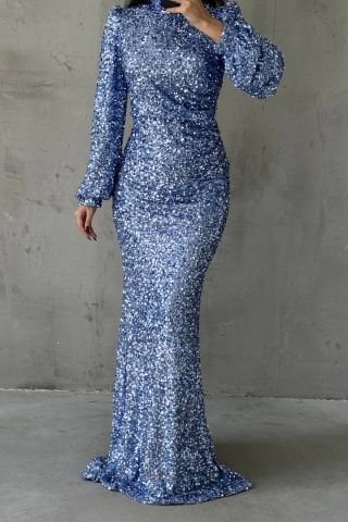 Boydan Payet Detaylı Işıltılı Tesettür Abiye İndigo