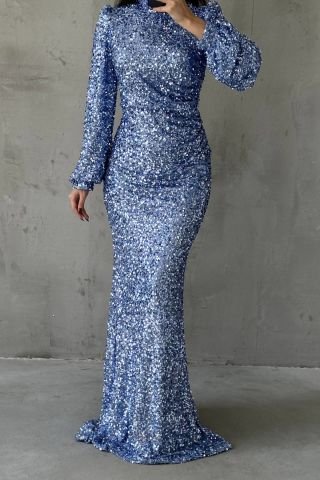 Sparkling Hijab Evening Dress with Sequin Detail Throughout Indigo