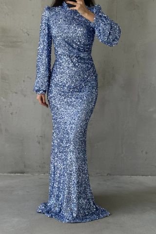 Sparkling Hijab Evening Dress with Sequin Detail Throughout Indigo