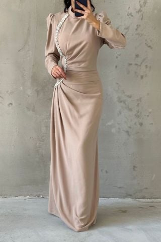 Elegant Stone Detailed Waist Pleated Crepe Hijab Evening Dress Stone