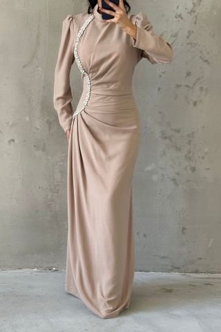 Elegant Stone Detailed Waist Pleated Crepe Hijab Evening Dress Stone