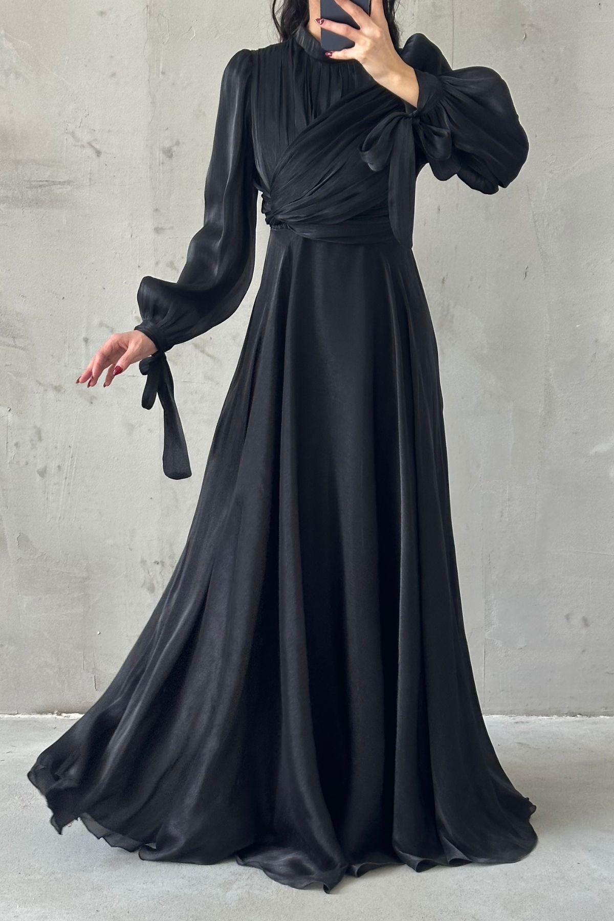 Flowing Fabric Hijab Evening Dress with Sleeve Tie Detail Black
