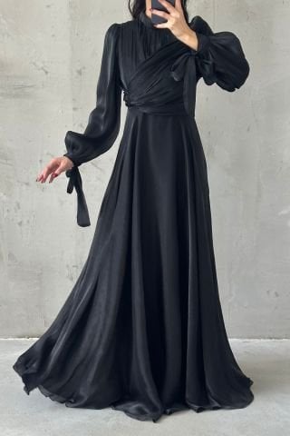 Flowing Fabric Hijab Evening Dress with Sleeve Tie Detail Black