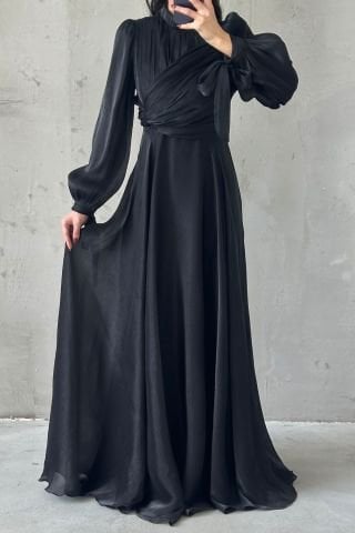 Flowing Fabric Hijab Evening Dress with Sleeve Tie Detail Black