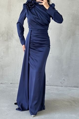 Draped Satin Hijab Evening Dress with Flower Detail on the Shoulder, Navy Blue