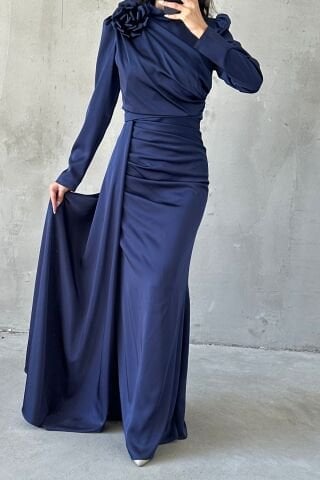 Draped Satin Hijab Evening Dress with Flower Detail on the Shoulder, Navy Blue