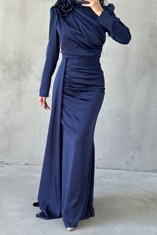 Draped Satin Hijab Evening Dress with Flower Detail on the Shoulder, Navy Blue