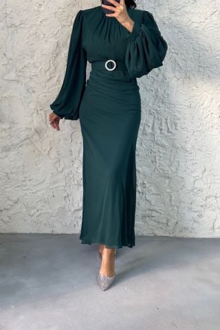 Belted Chiffon Hijab Evening Dress Green with Gathering Detail at Waist