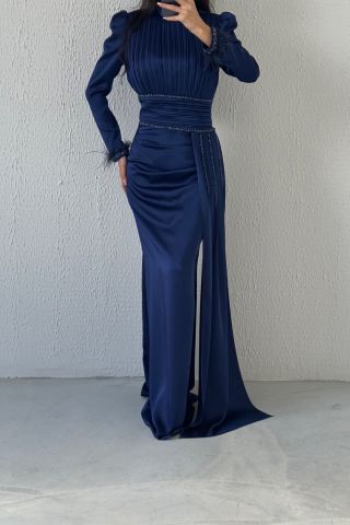 Üstü Ve Kuşağı Pliseli Saten Tesettür Abiye Lacivert