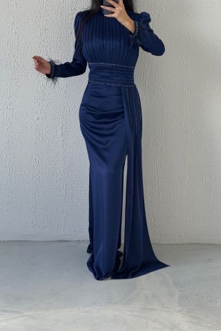 Üstü Ve Kuşağı Pliseli Saten Tesettür Abiye Lacivert