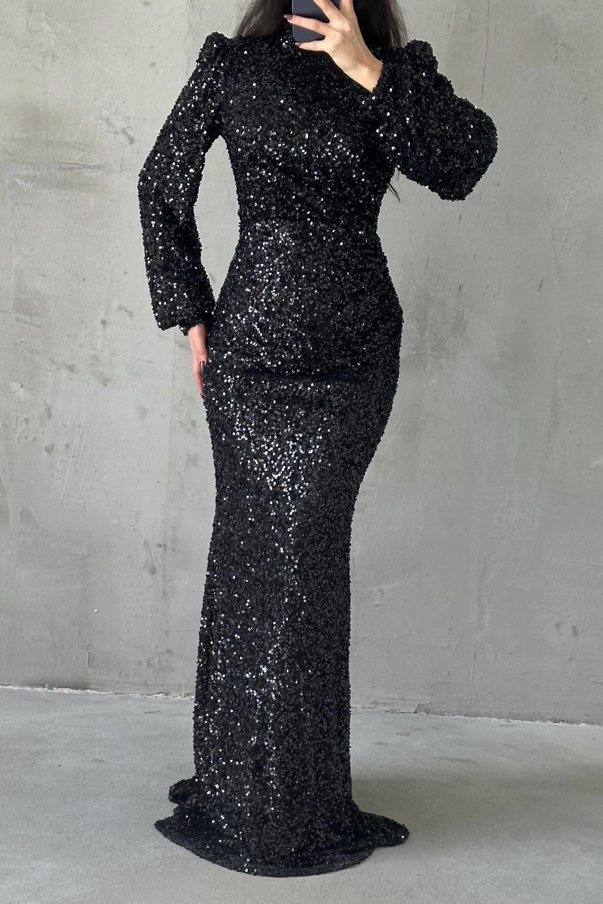 Boydan Payet Detaylı Işıltılı Tesettür Abiye Siyah