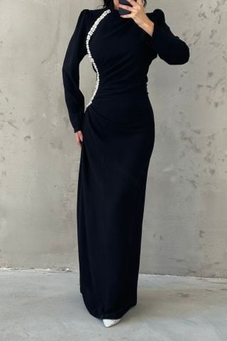 Elegant Stone Detailed Waist Pleated Crepe Hijab Evening Dress Black