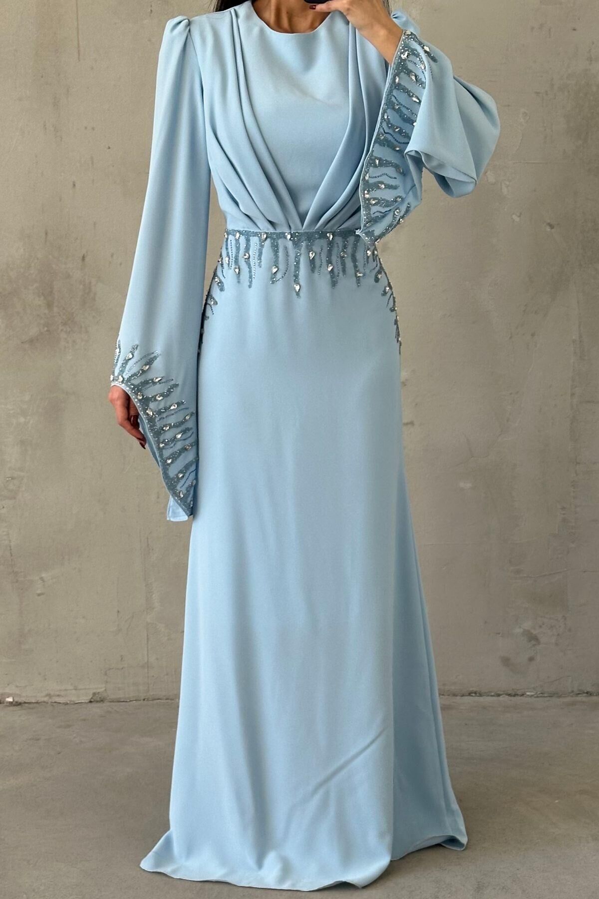 Işıltı Detaylı Adriyana Tesettür Abiye Bebe Mavisi