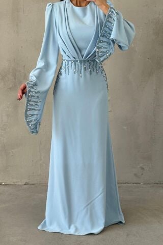 Işıltı Detaylı Adriyana Tesettür Abiye Bebe Mavisi