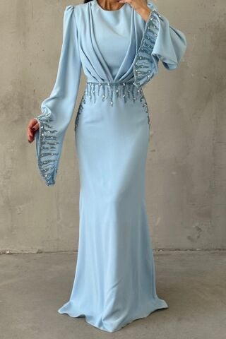 Işıltı Detaylı Adriyana Tesettür Abiye Bebe Mavisi