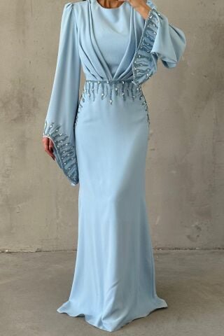 Işıltı Detaylı Adriyana Tesettür Abiye Bebe Mavisi