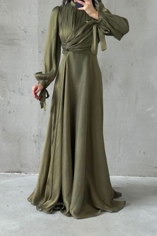 Flowing Fabric Hijab Evening Dress Khaki with Sleeve Tie Detail