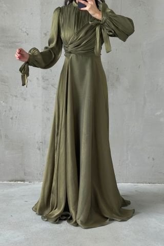 Flowing Fabric Hijab Evening Dress Khaki with Sleeve Tie Detail