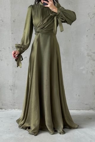 Flowing Fabric Hijab Evening Dress Khaki with Sleeve Tie Detail