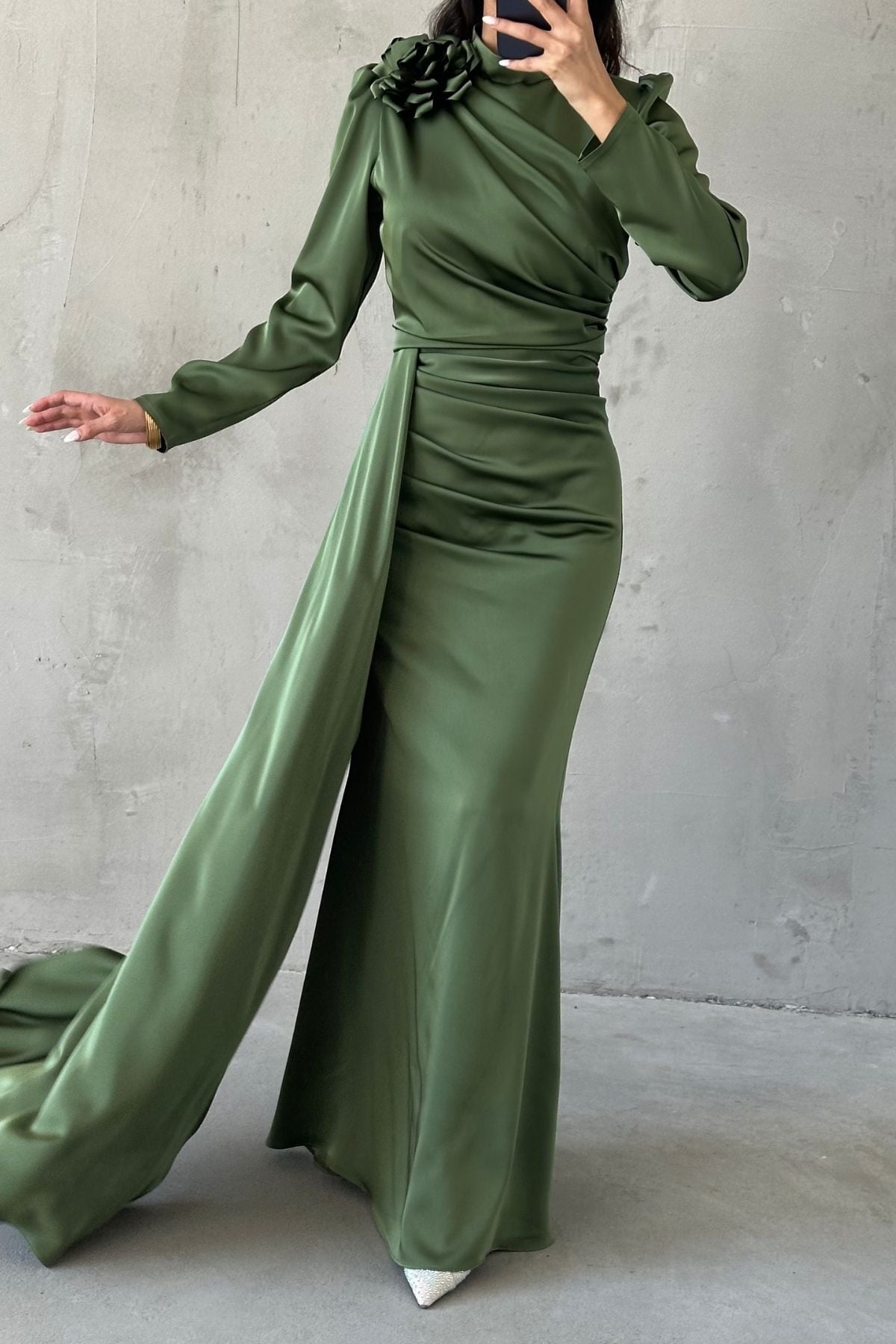 Draped Satin Hijab Evening Dress with Flower Detail on the Shoulder Khaki