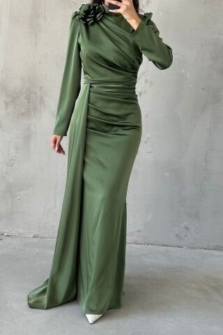 Draped Satin Hijab Evening Dress with Flower Detail on the Shoulder Khaki