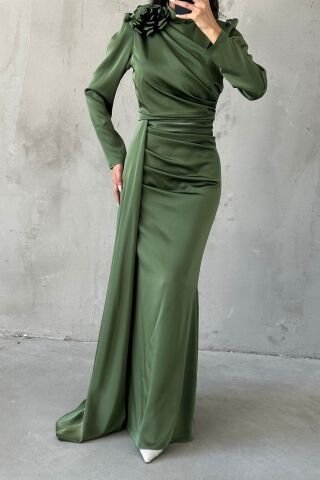 Draped Satin Hijab Evening Dress with Flower Detail on the Shoulder Khaki