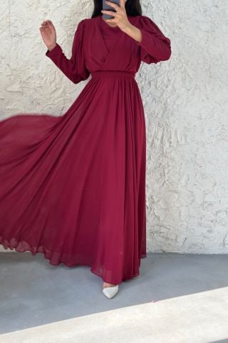İnce Kuşaklı Şifon Tesettür Abiye Bordo