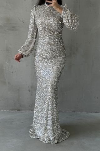 Boydan Payet Detaylı Işıltılı Tesettür Abiye Taş