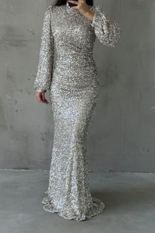 Sparkly Hijab Evening Dress with Sequin Detail Throughout Stone