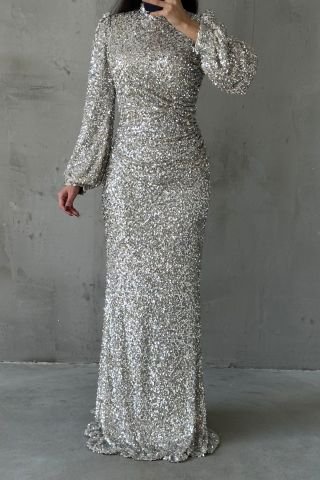 Sparkly Hijab Evening Dress with Sequin Detail Throughout Stone