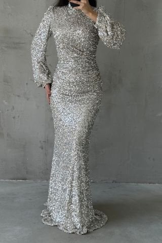 Sparkly Hijab Evening Dress with Sequin Detail Throughout Stone