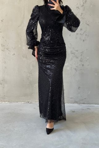 Pul Payet Kolları Bağlamalı Tesettür Abiye Siyah