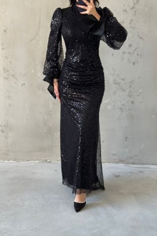 Pul Payet Kolları Bağlamalı Tesettür Abiye Siyah