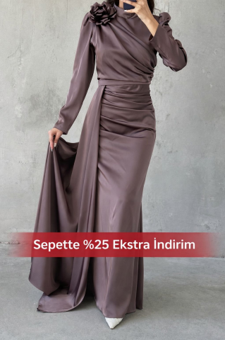 Omuzdan Çiçek Detaylı Drapeli Saten Tesettür Abiye Vizon