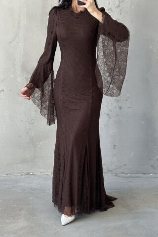 Nehir Hijab Evening Dress Brown