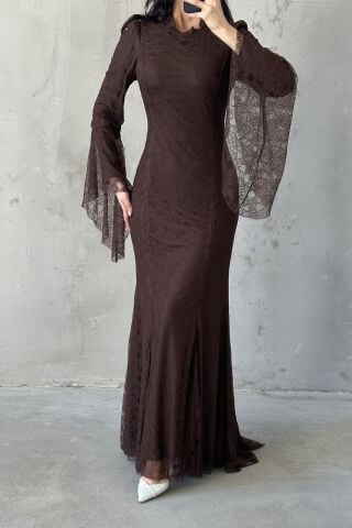 Nehir Hijab Evening Dress Brown