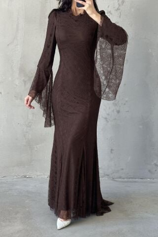 Nehir Hijab Evening Dress Brown