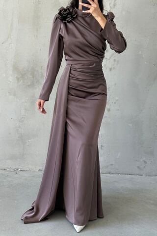 Draped Satin Hijab Evening Dress with Flower Detail on the Shoulder, Mink