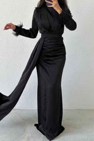 Magnificent Elegance: Feathered Satin Hijab Evening Dress with Tail Detail, Black