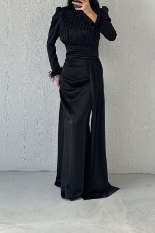 Üstü Ve Kuşağı Pliseli Saten Tesettür Abiye Siyah